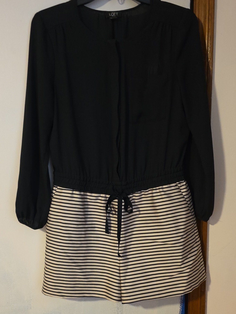 LOFT Black Top with White and Black Striped Skirt Long-Sleeve Romper